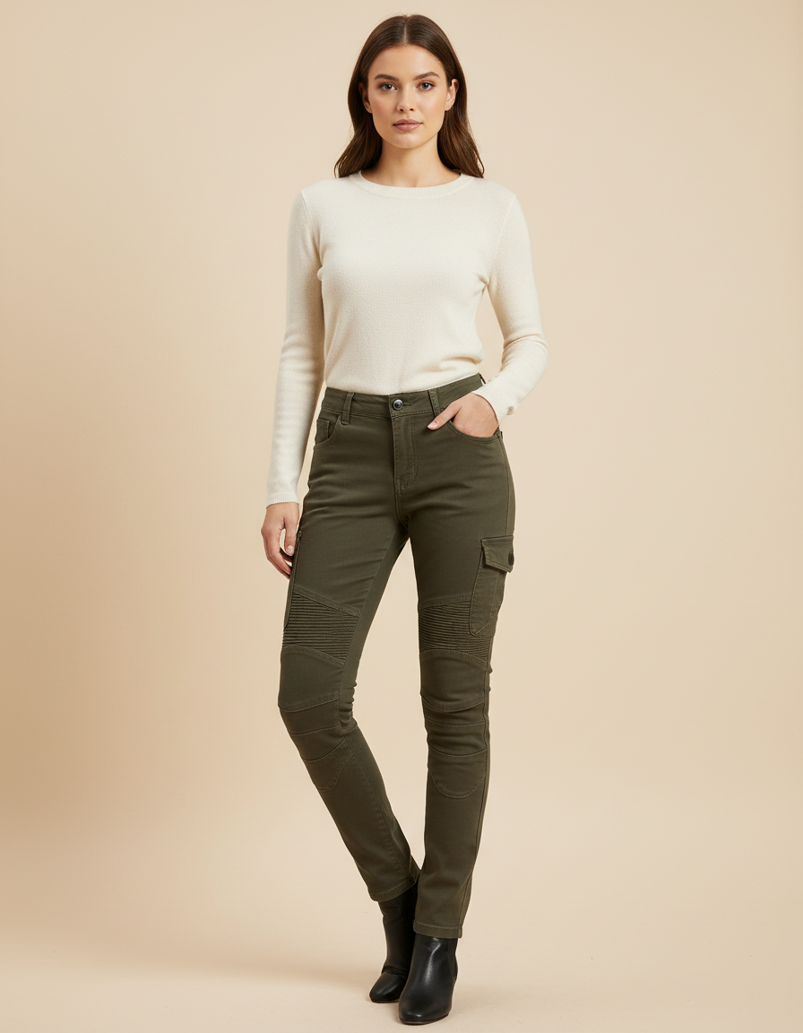 Pantalon Cargo Kaki Slim Femme Motard Coton