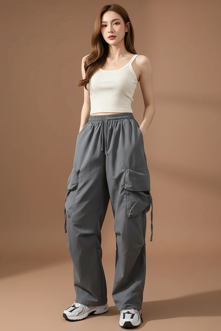 Pantalon Cargo Gris Ample Fluide Casual Femme - Polyester