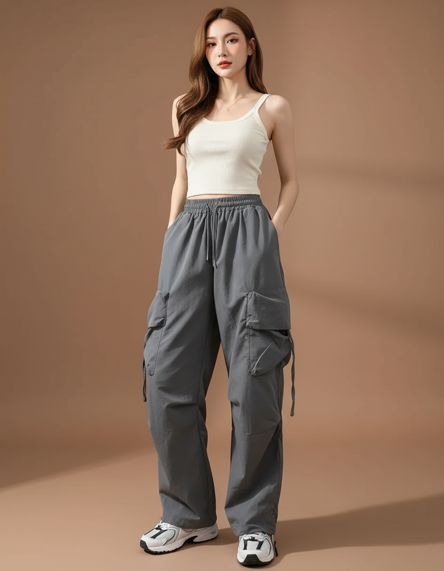 Pantalon Cargo Gris Ample Fluide Casual Femme - Polyester