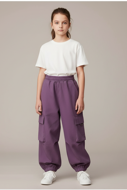 Pantalon Cargo Violet Ample Fille Coton - Molleton