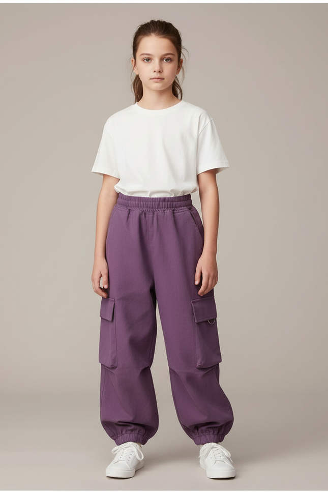 Pantalon Cargo Violet Ample Fille Coton - Molleton
