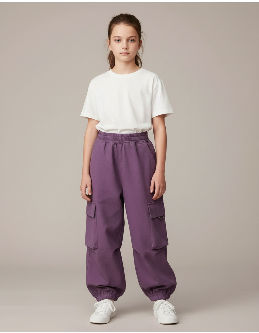 Pantalon Cargo Violet Ample Fille Coton - Molleton