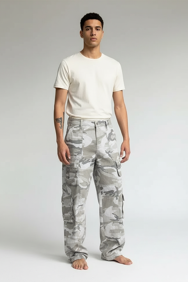 Pantalon Cargo Camouflage Gris Ample Multipoches Streetwear - Toile