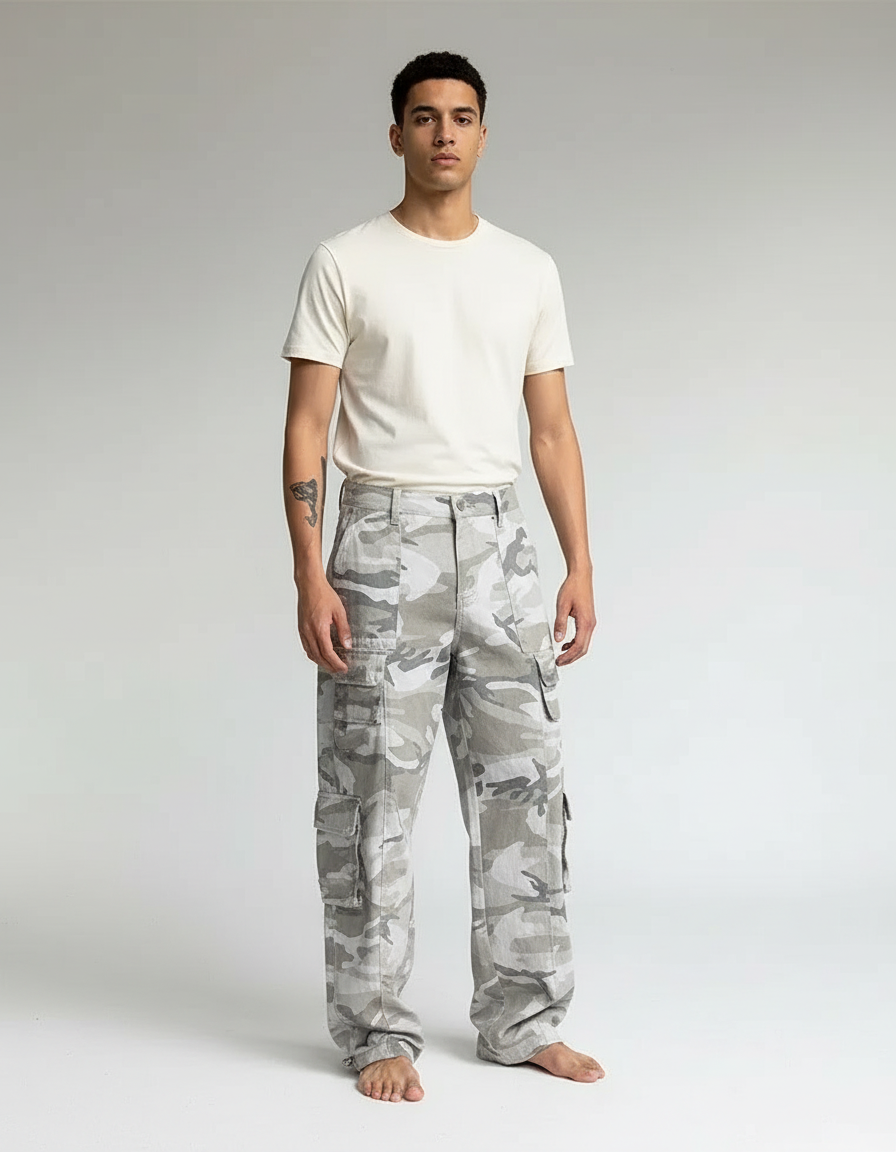 Pantalon Cargo Camouflage Gris Ample Multipoches Streetwear - Toile