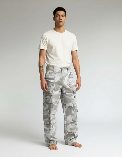 Pantalon Cargo Camouflage Gris Ample Multipoches Streetwear - Toile