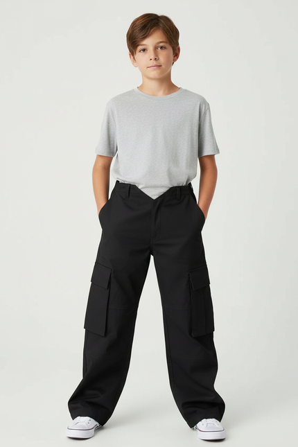 Pantalon Cargo Noir Ample Poches Garçon Décontracté - Coton