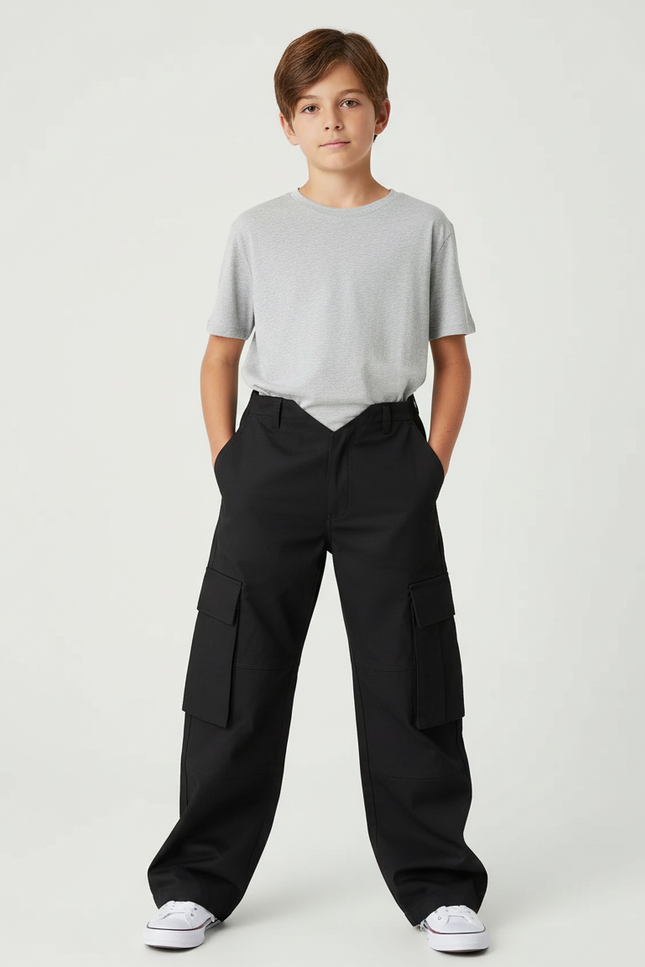 Pantalon Cargo Noir Ample Poches Garçon Décontracté - Coton