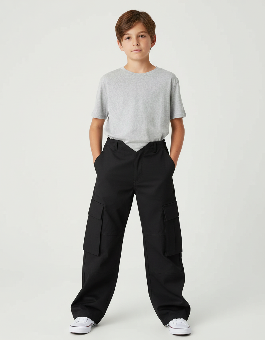 Pantalon Cargo Noir Ample Poches Garçon Décontracté - Coton