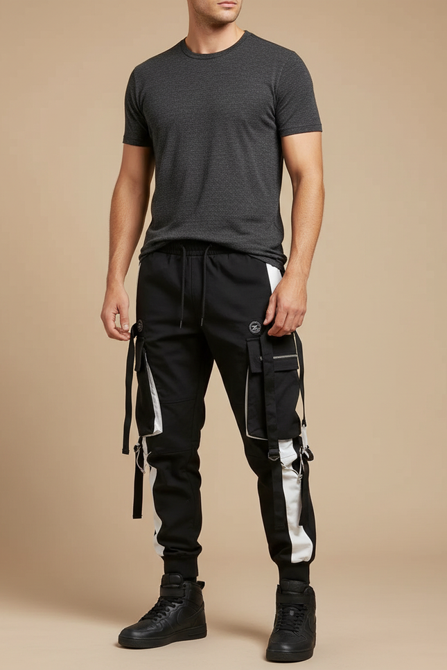 Pantalon Cargo Noir Blanc Homme Techwear Poches Multiples - Toile