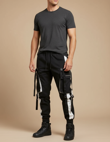 Pantalon Cargo Noir Blanc Homme Techwear Poches Multiples - Toile