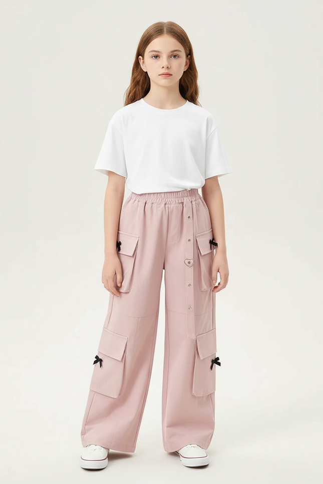 Pantalon Cargo Rose Ample Poches Nœuds Fille - Toile