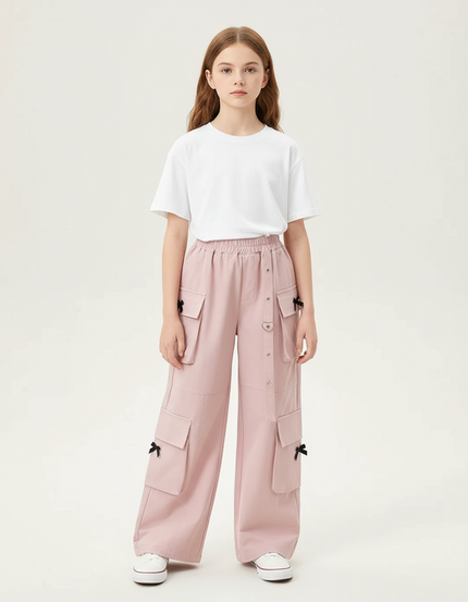 Pantalon Cargo Rose Ample Poches Nœuds Fille - Toile