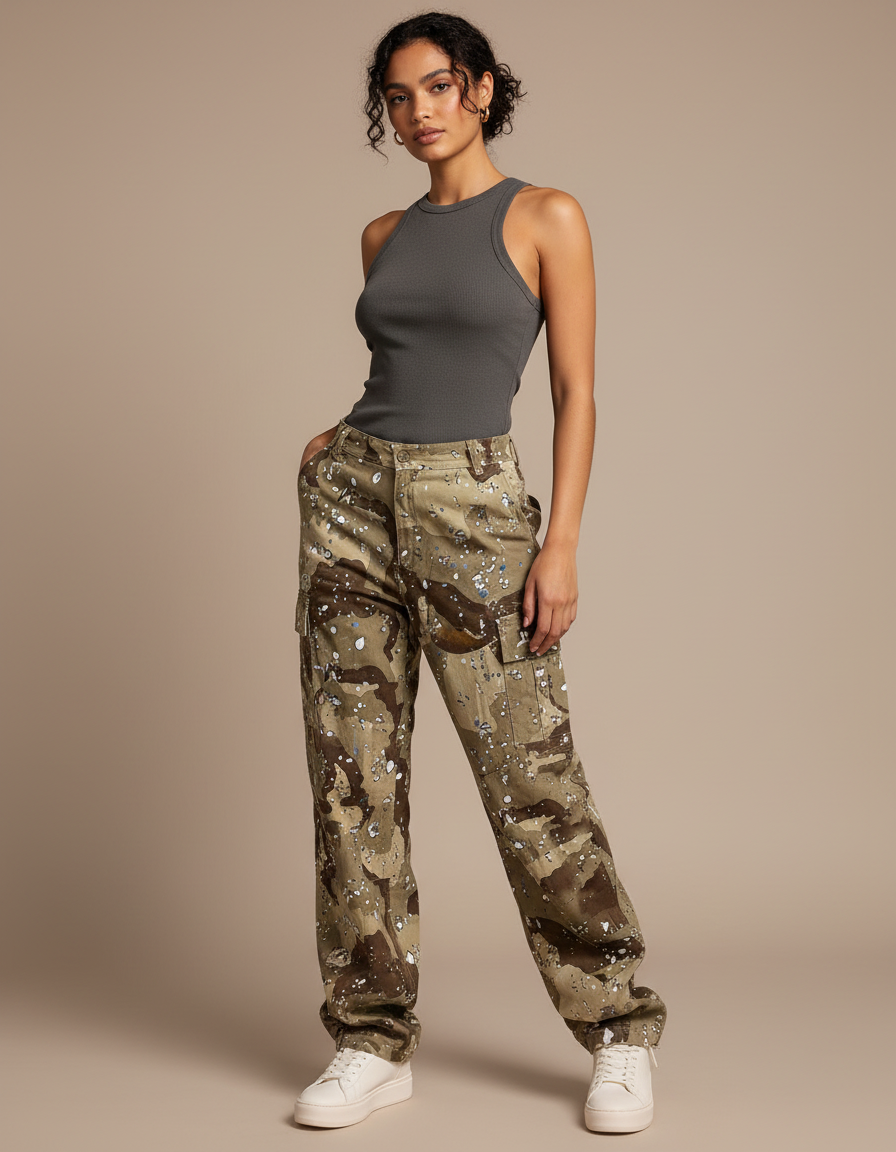 Pantalon Cargo Camouflage Militaire Ample Marron Femme - Kaki Toile