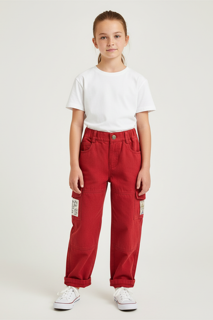 Pantalon Cargo Rouge Ample Multipoches Enfant Coton - Toile