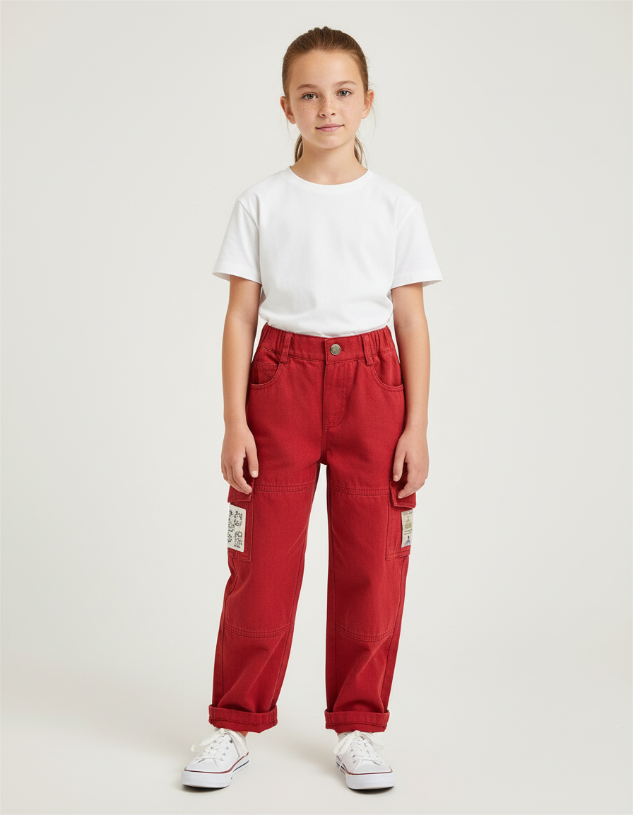 Pantalon Cargo Rouge Ample Multipoches Enfant Coton - Toile