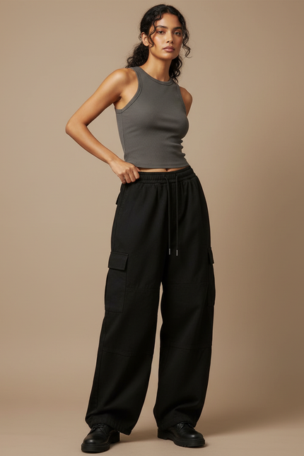 Pantalon Cargo Noir Ample Décontracté Multipoches Streetwear - Toile