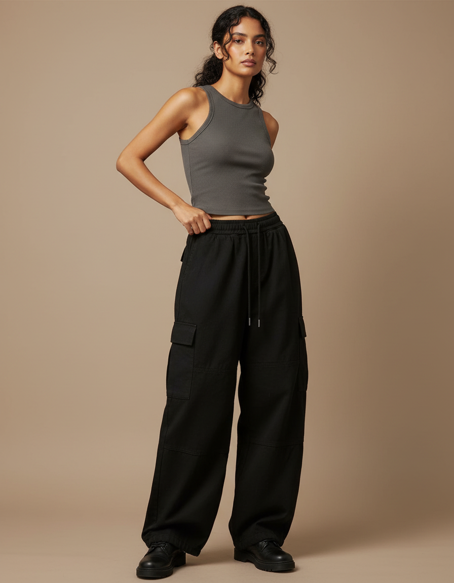 Pantalon Cargo Noir Ample Décontracté Multipoches Streetwear - Toile