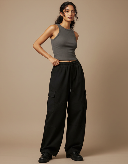 Pantalon Cargo Noir Ample Décontracté Multipoches Streetwear - Toile