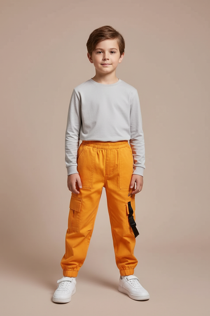 Pantalon Cargo Orange Ample Poches Sangles Enfant - Coton