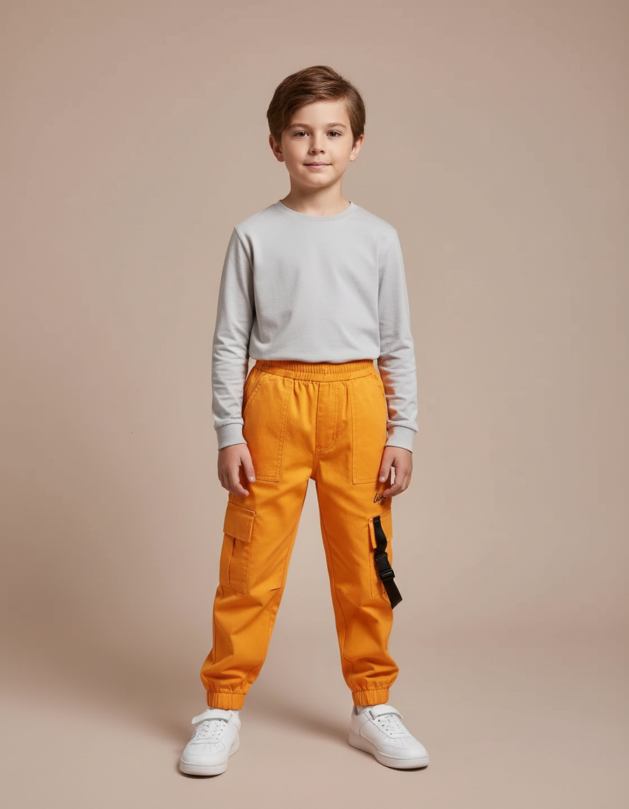 Pantalon Cargo Orange Ample Poches Sangles Enfant - Coton