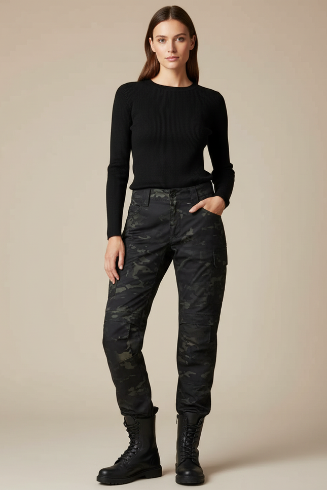 Pantalon Cargo Camouflage Noir Ajusté Femme Militaire - Toile