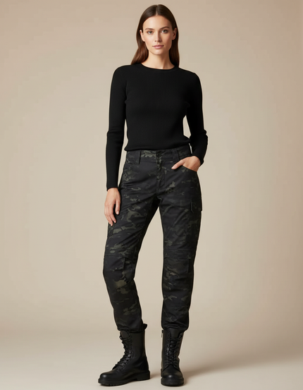 Pantalon Cargo Camouflage Noir Ajusté Femme Militaire - Toile