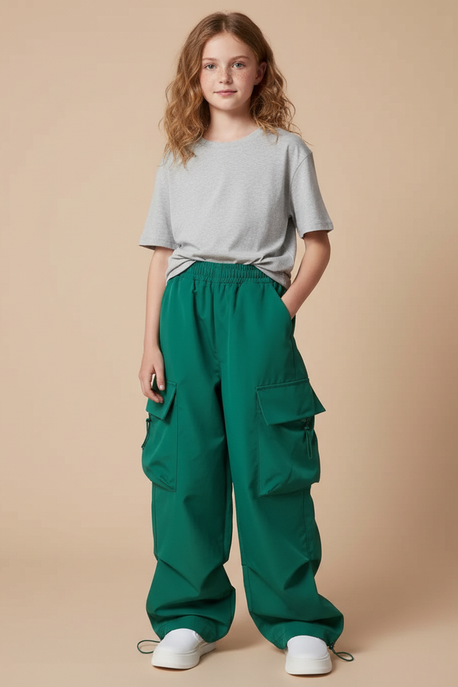 Pantalon Cargo Vert Ample Poches Fille - Polyester