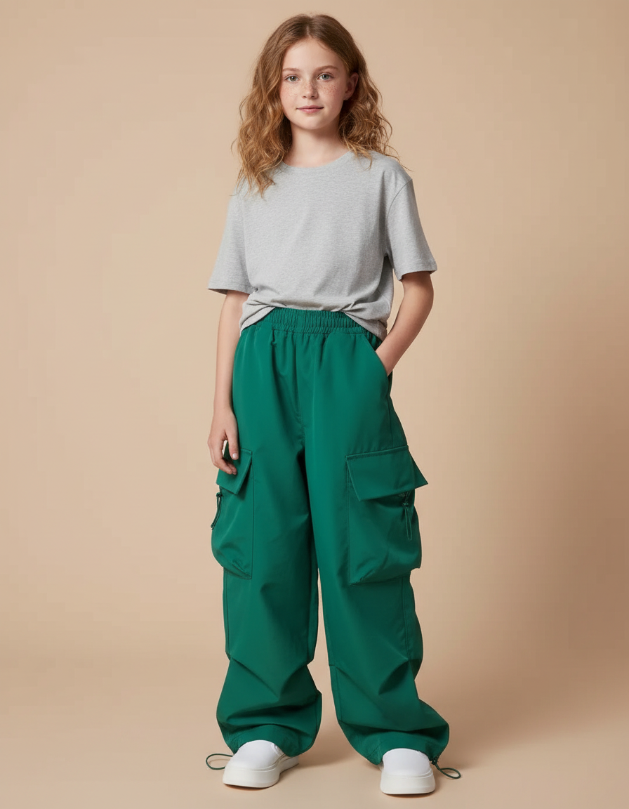 Pantalon Cargo Vert Ample Poches Fille - Polyester