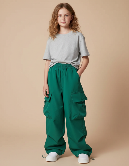 Pantalon Cargo Vert Ample Poches Fille - Polyester