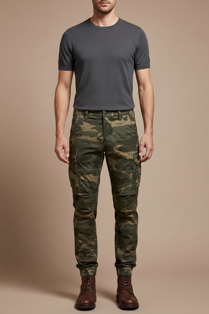Pantalon Cargo Homme Militaire Camouflage Slim Coton - Kaki
