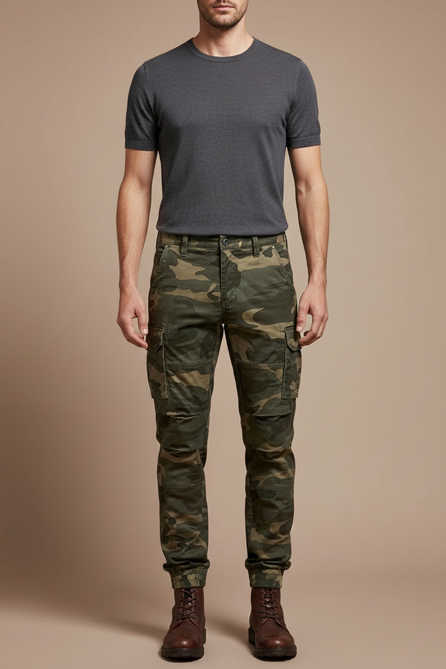 Pantalon Cargo Homme Militaire Camouflage Slim Coton - Kaki