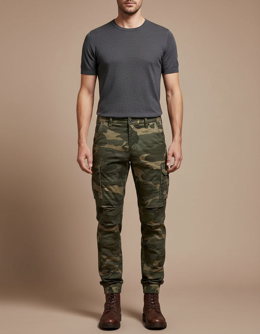 Pantalon Cargo Homme Militaire Camouflage Slim Coton - Kaki