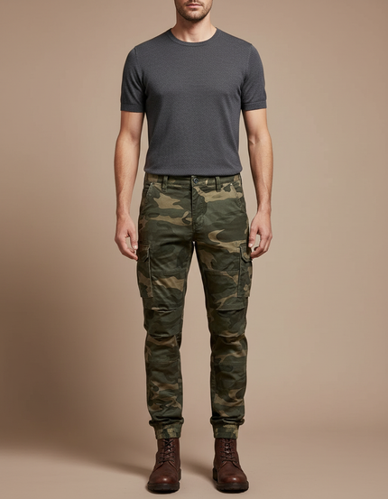 Pantalon Cargo Homme Militaire Camouflage Slim Coton - Kaki