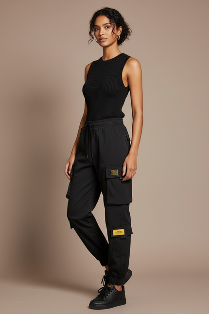 Pantalon Cargo Noir Ample Confortable Multipoches Femme - Polyester