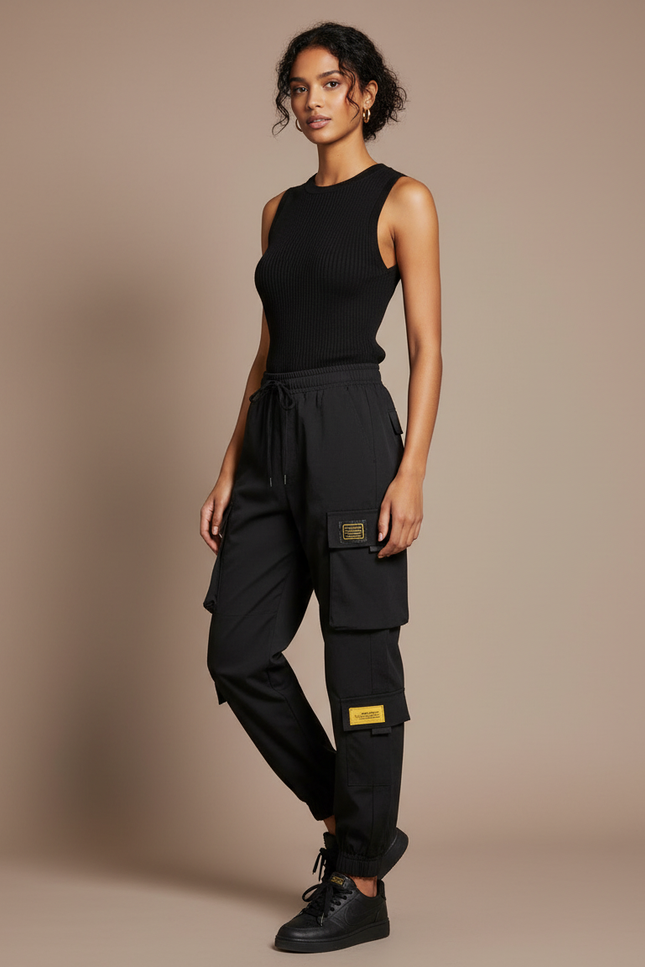Pantalon Cargo Noir Ample Confortable Multipoches Femme - Polyester