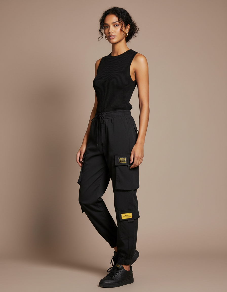 Pantalon Cargo Noir Ample Confortable Multipoches Femme - Polyester