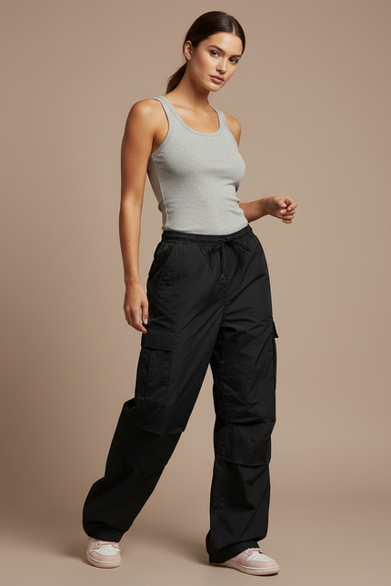 Pantalon Cargo Noir Ample Fluide Décontracté Femme - Polyester