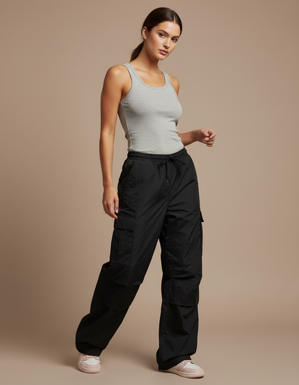 Pantalon Cargo Noir Ample Fluide Décontracté Femme - Polyester