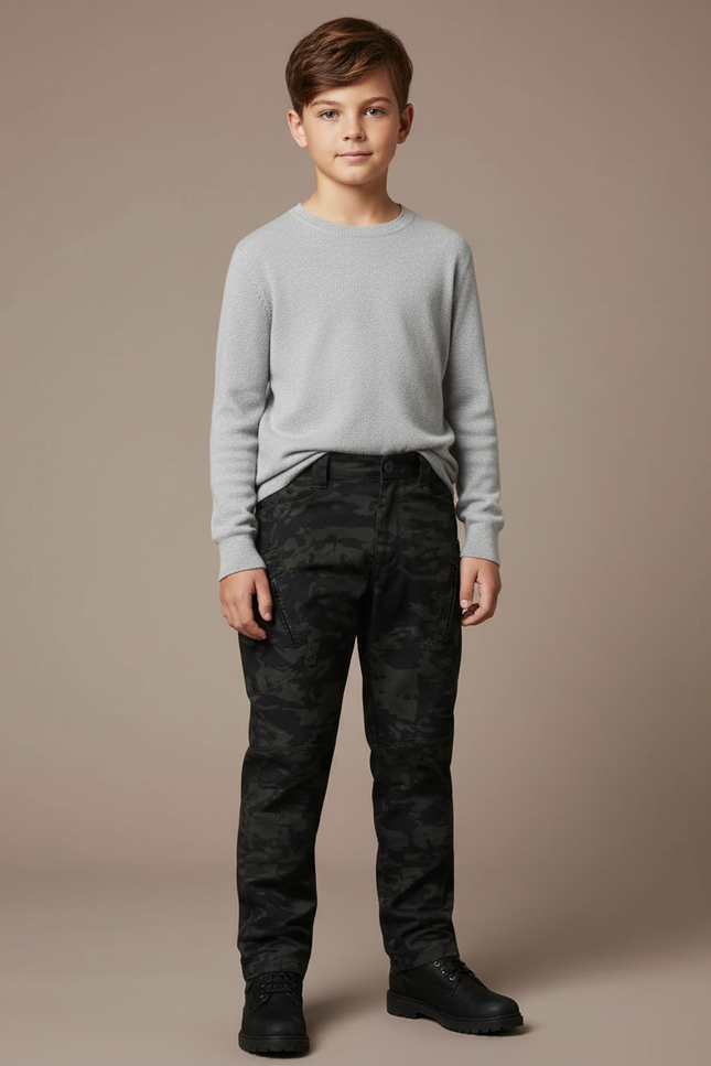 Pantalon Cargo Camouflage Noir Coupe Droite Décontracté - Toile