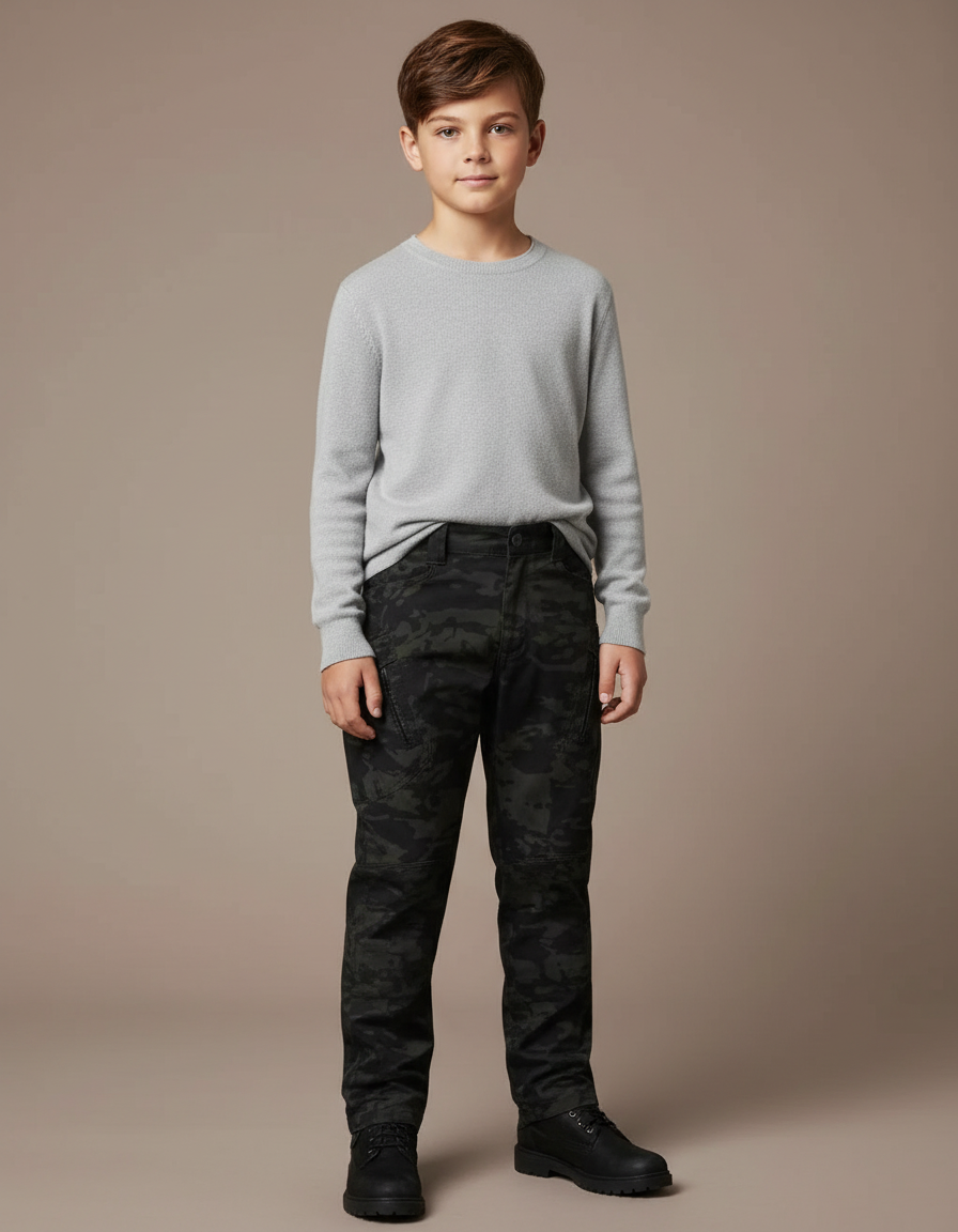 Pantalon Cargo Camouflage Noir Coupe Droite Décontracté - Toile