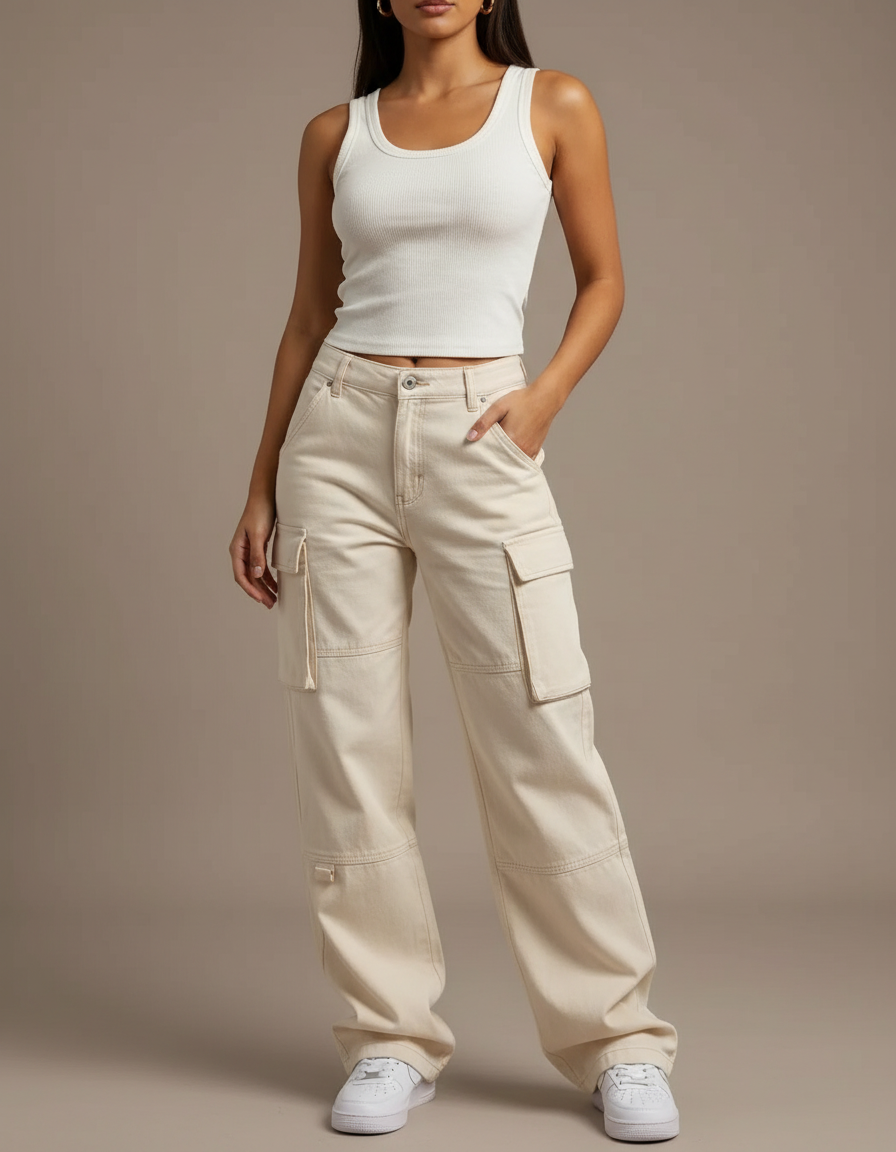 Pantalon Cargo Beige Ample Coton Multipoches Femme