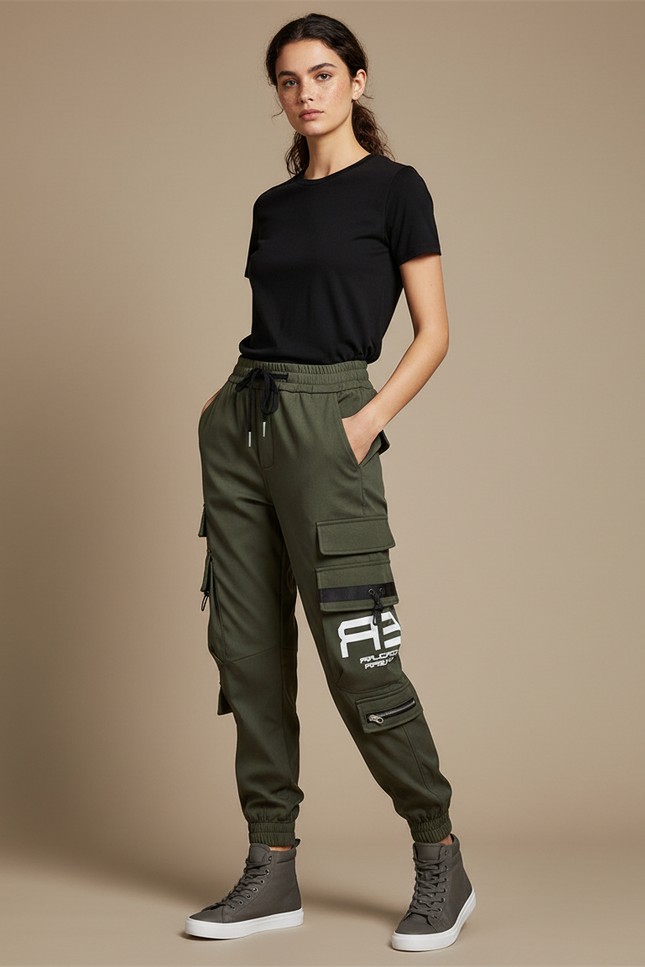 Pantalon Cargo Vert Militaire Ample Cordon Streetwear Femme - Kaki Molleton