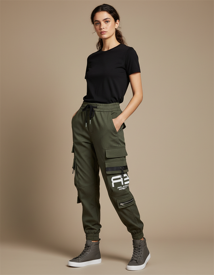 Pantalon Cargo Vert Militaire Ample Cordon Streetwear Femme - Kaki Molleton