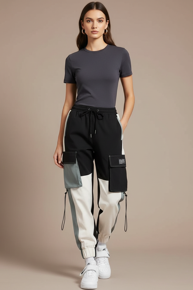 Pantalon Cargo Bicolore Multipoches Streetwear Femme - Multicolore Polyester