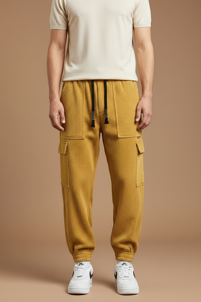 Pantalon Cargo Jaune Côtelé Ample Décontracté Jogger - Cordé
