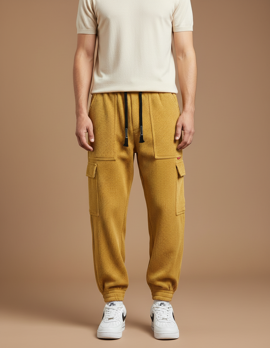 Pantalon Cargo Jaune Côtelé Ample Décontracté Jogger - Cordé