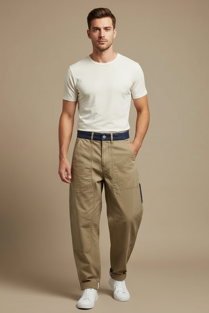 Pantalon Cargo Kaki Coton Ample Vintage Homme
