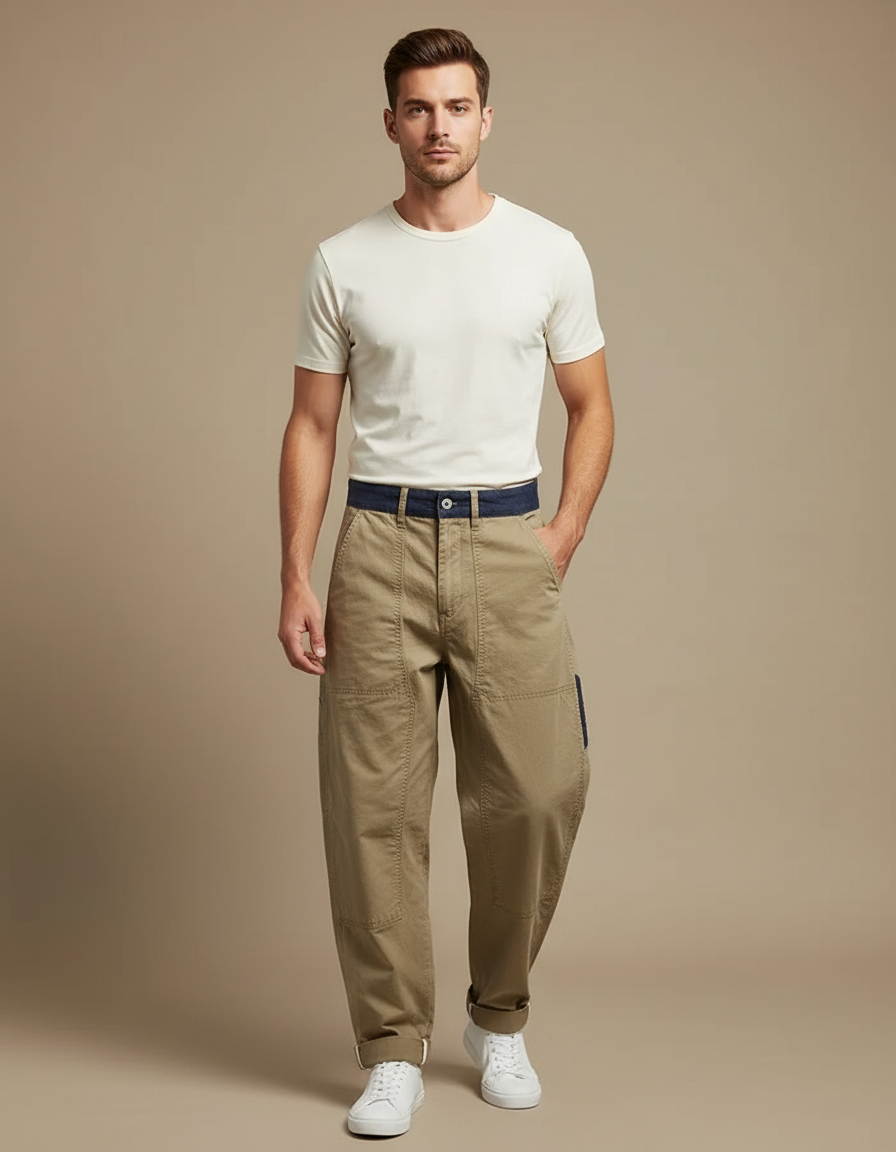 Pantalon Cargo Kaki Coton Ample Vintage Homme