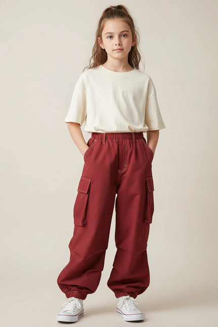 Pantalon Cargo Ample Rouge Poches Enfants Coton - Bordeaux
