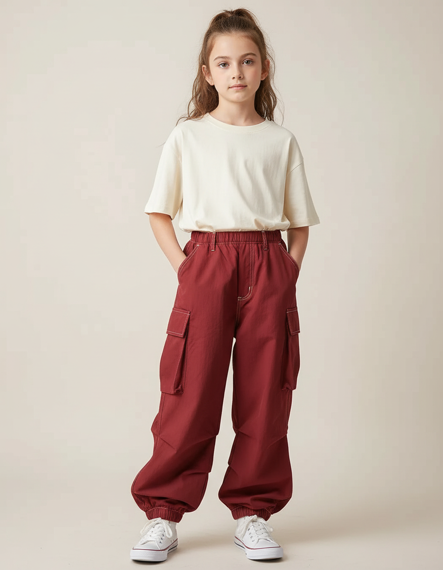 Pantalon Cargo Ample Rouge Poches Enfants Coton - Bordeaux